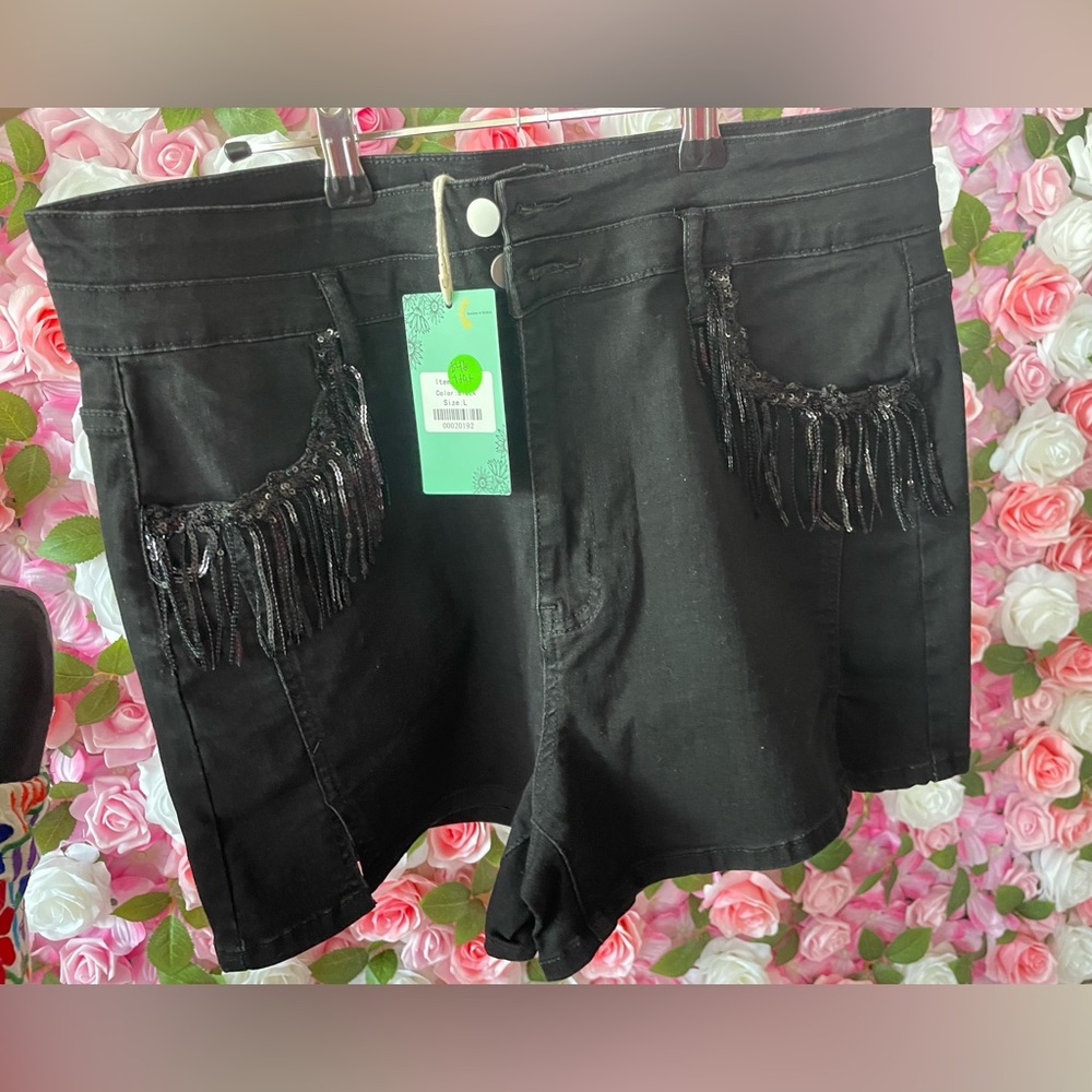 WOMENS BLACK Shiny Fringe Shorts